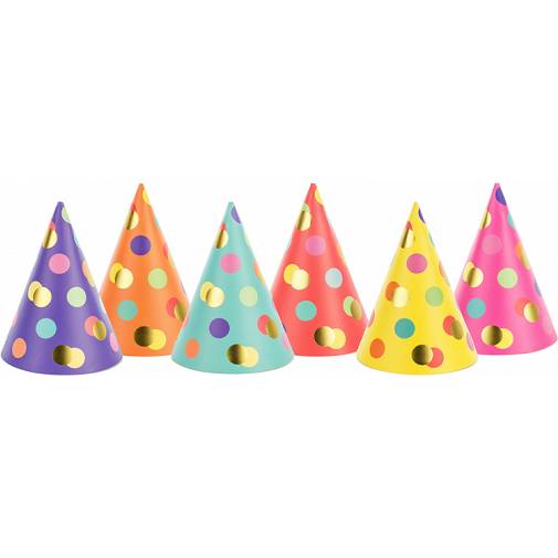 Párty čepičky barevné s puntíky 6ks 16cm - PartyDeco